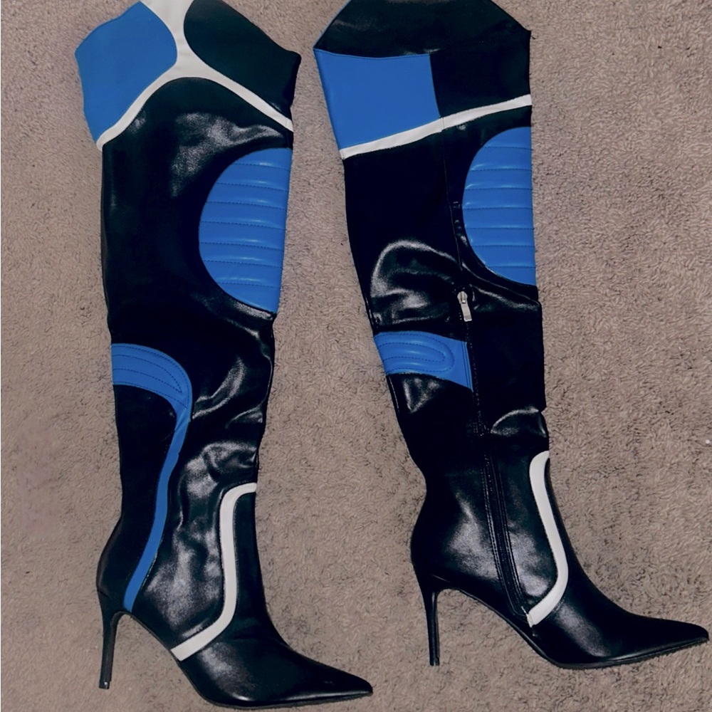 Black, white and blue knee high heels